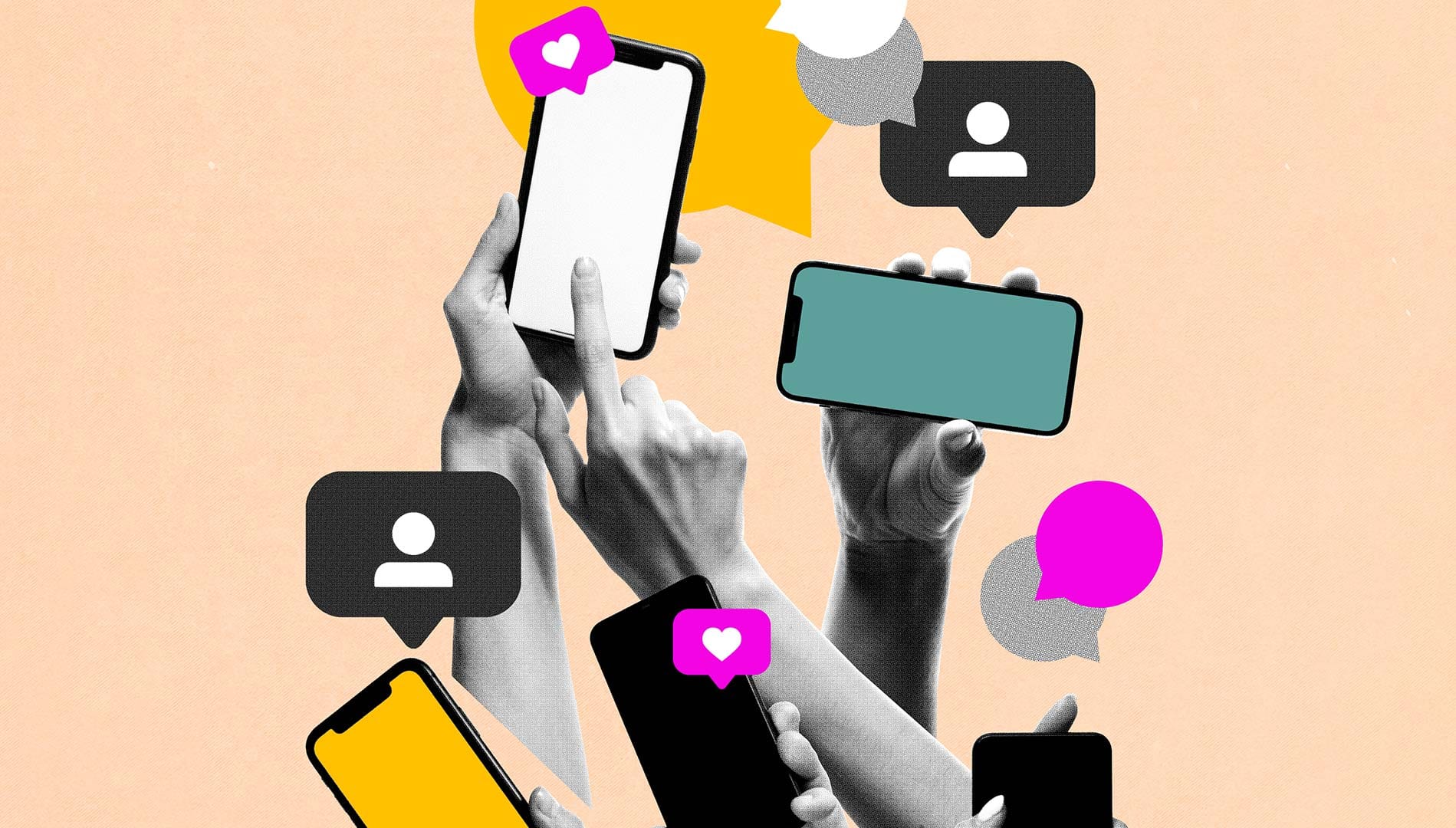 des bras tiennent des smartphones en l'air